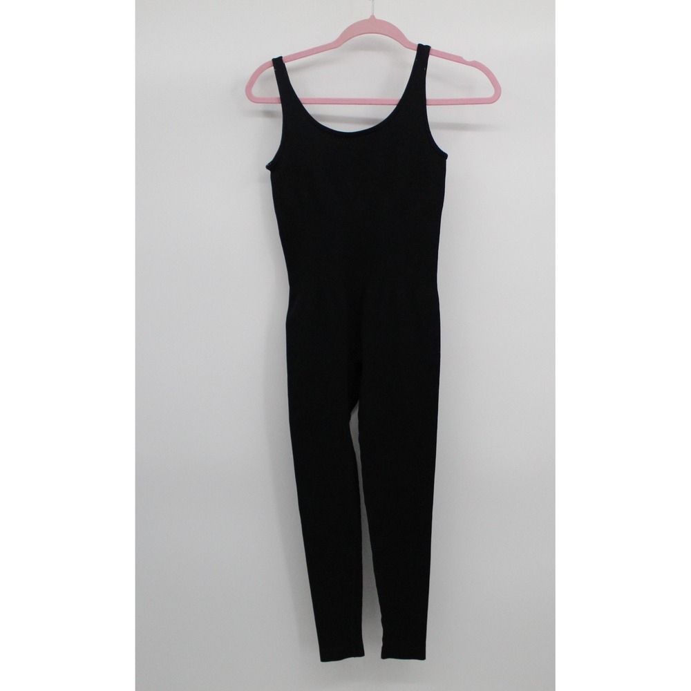 OQQ Women Black Ribbed Bodysuit Jumpsuit Scoop Neck Sleeveless Unitard Size S